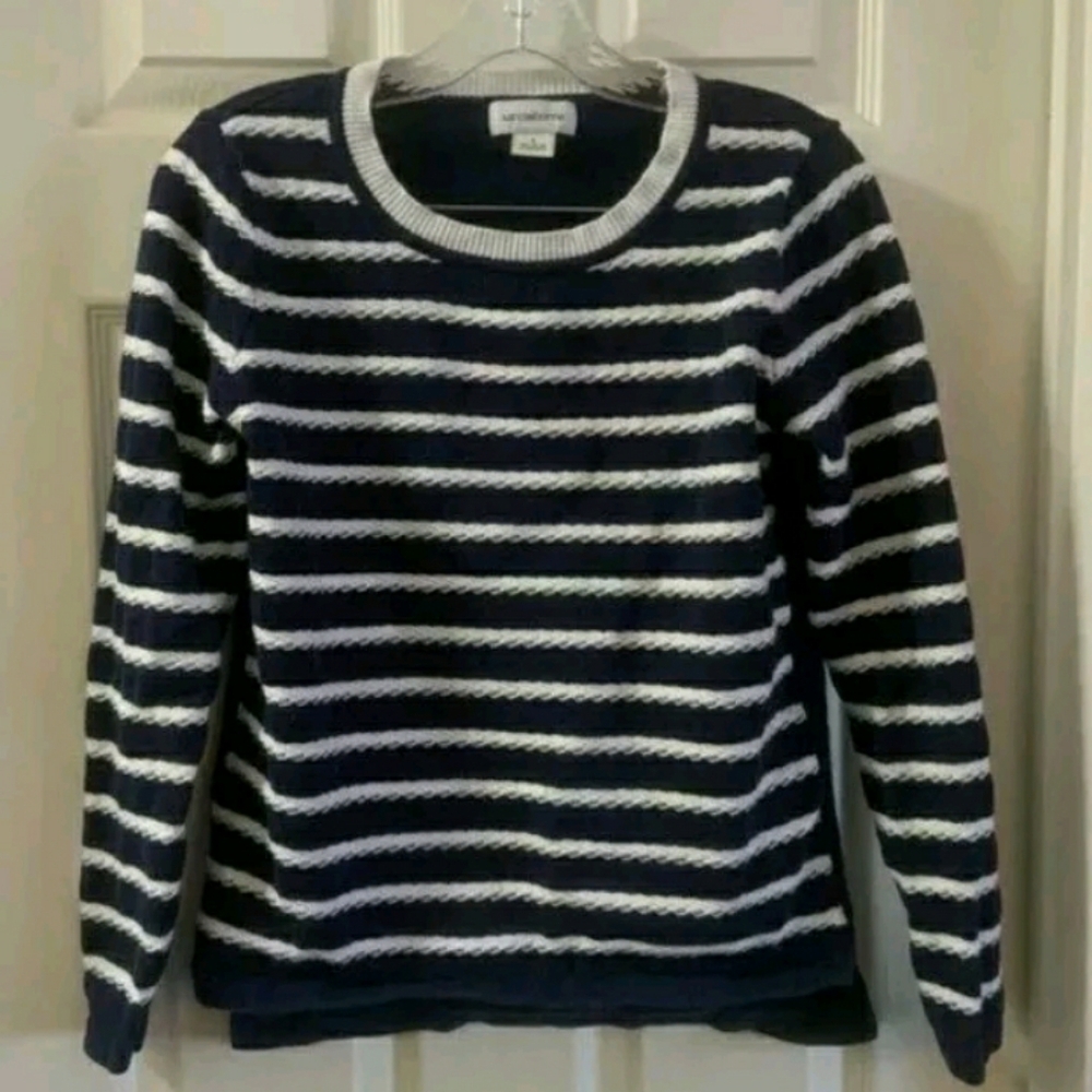 Women's Liz Claiborne Navy and White Striped Cable Knit Sweater,  Y2K Sz Small